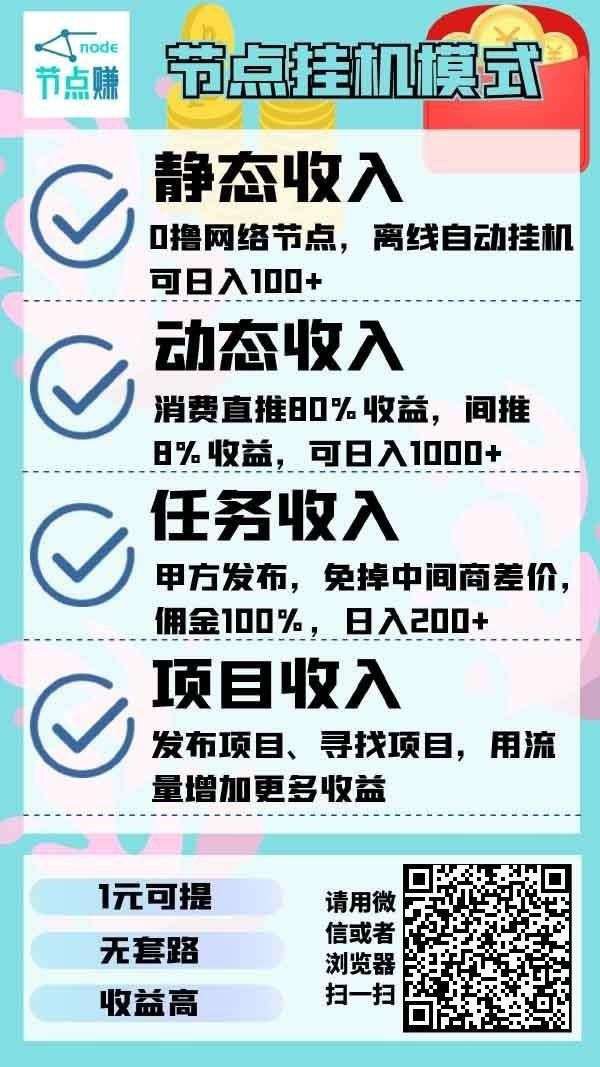 节点赚挂机：2024年最稳零撸项目，后台自动运行，永久收益，安全靠谱，提现秒到！